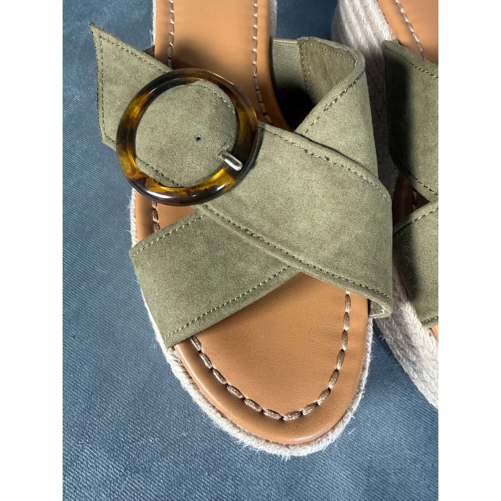 American Eagle Olive Sz 10 Espadrille Platform Sandals Tortoise Buckle‎ New